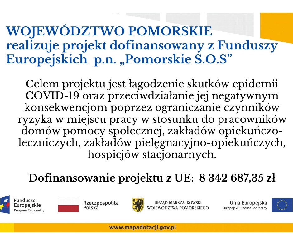 Grafika informacyjna Województwo Pomorskie realizuje projekt dofinansowany z Funduszy Europejskich "Pomorskie S.O.S"