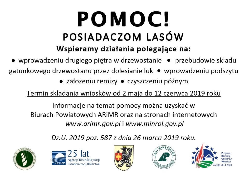 Grafika informacyjna o wsparciu dla posiadaczy lasów, termin składania wniosków do 12 czerwca 2019 w biurach powiatowych ARiMR i na stronie www.arimr.gov.pl